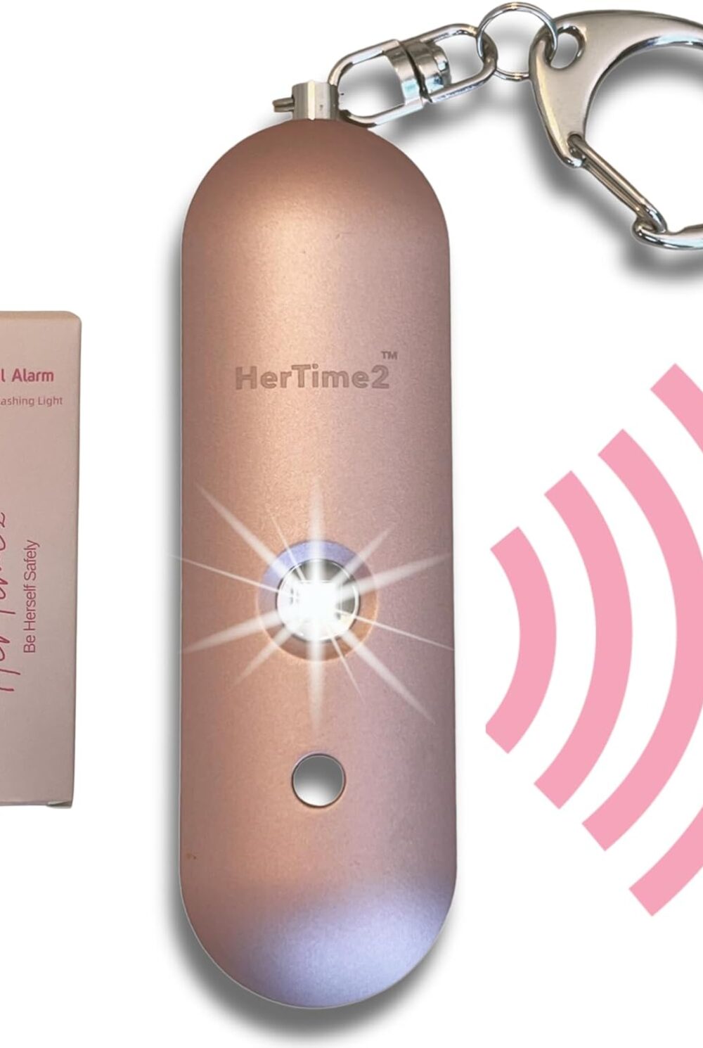 HerTime2 Personal Safety Alarm for Women - Loud Self Defense Siren, Waterproof Keychain with Strobe Light - Battery Powered, Rose Gold
