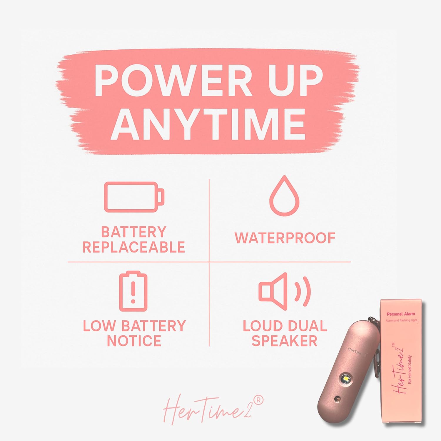 HerTime2 Personal Safety Alarm for Women - Loud Self Defense Siren, Waterproof Keychain with Strobe Light - Battery Powered, Rose Gold - Image 3