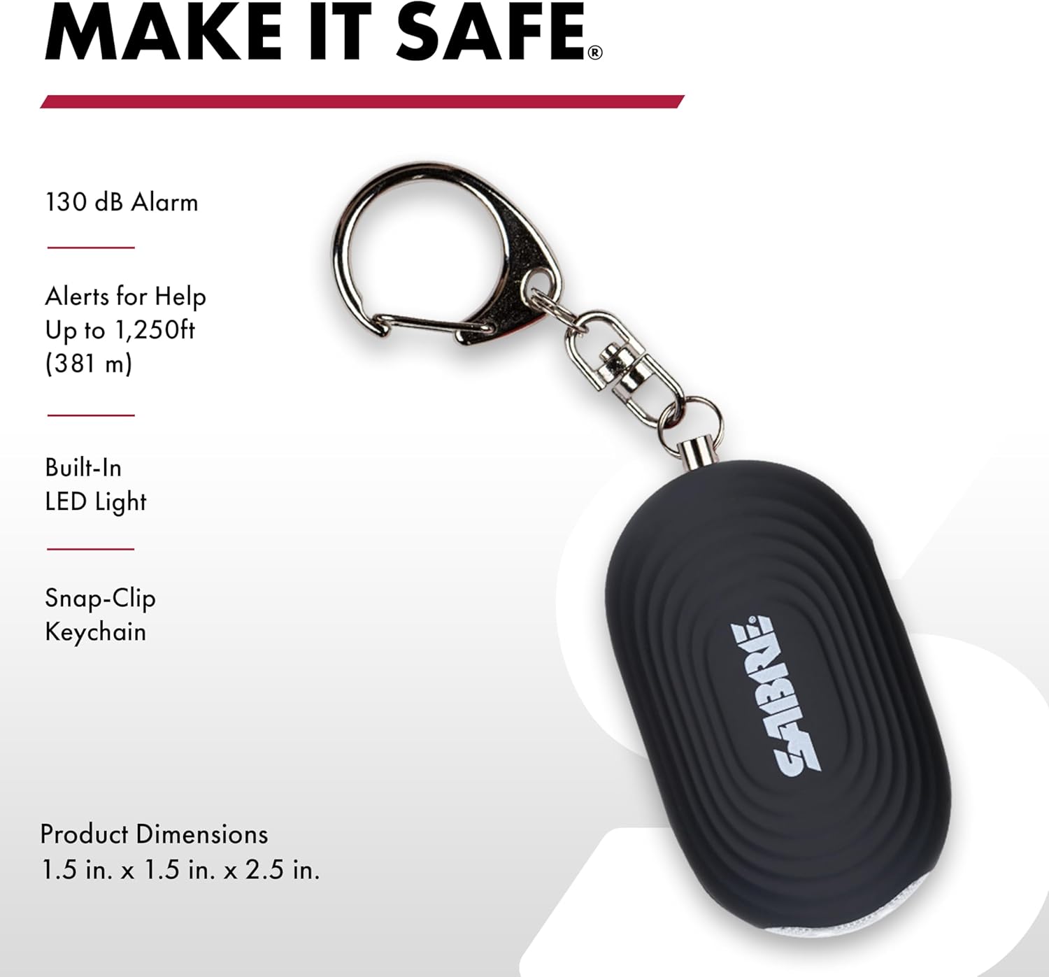 SABRE 2-in-1 Personal Alarm with LED Light, 130dB Personal Safety Siren, Snap Hook for Instant Access, 1,250 Foot (381 Meters) Range, Compact Design for Easy Attachment to Purse, Bag, or Keys - Image 2