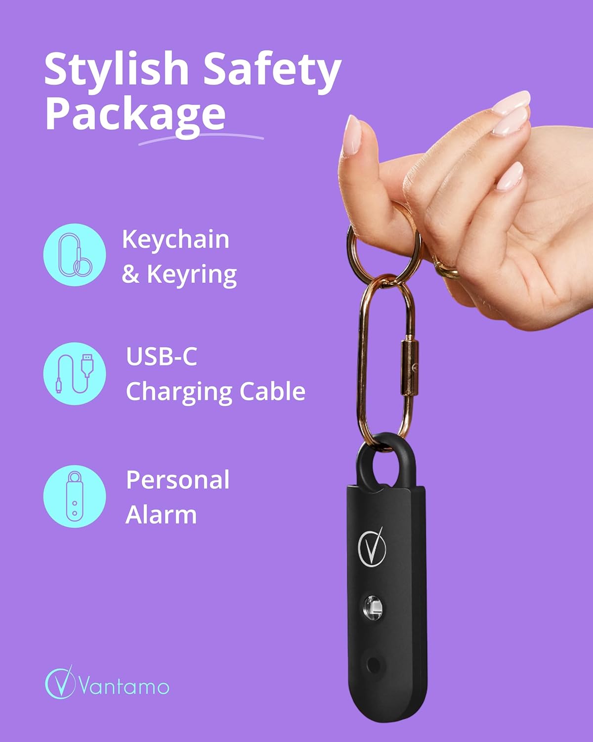 Vantamo Personal Alarm for Self Defense with Low Battery Notice, Strobe Light & Extra Loud 130 dB Double Speakers Safety Keychain Set for Women, Rechargeable Panic Button for Womens Self Defense - Image 4